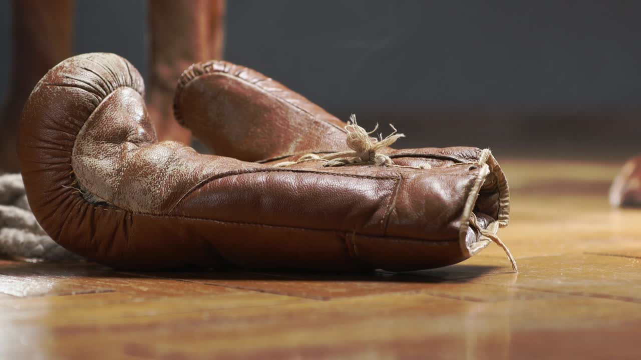 un perro boxeador tendido en el suelo y jugando con guantes de boxeo vintage marrones.