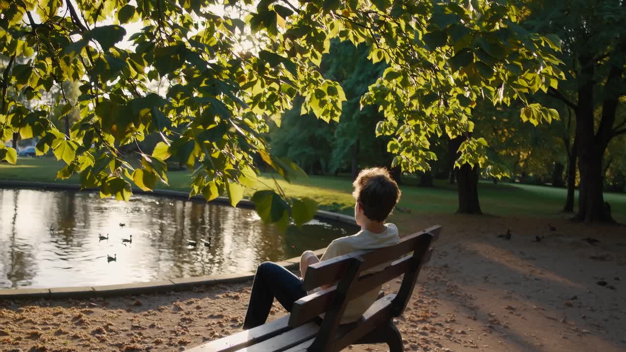 En rolig videoscene viser en person bagfra, der sidder på en parkbænk ved en dam.