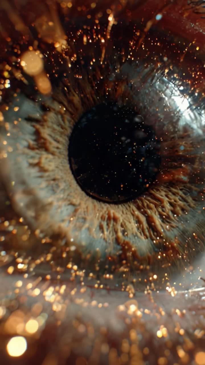 Uno straordinario primo piano di un occhio con particelle scintillanti che mettono in risalto i dettagli intricati e i motivi unici nell'iride, catturando la bellezza della vista umana