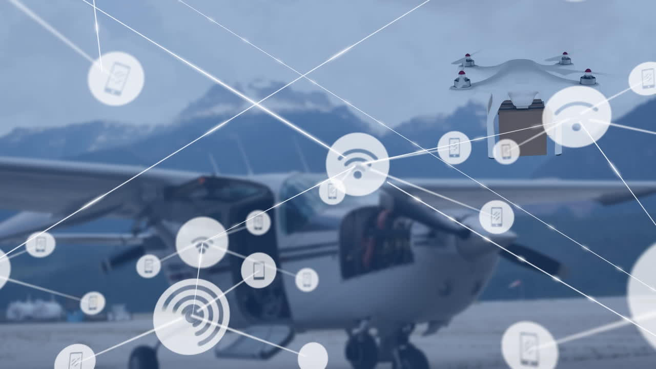 도시 풍경 위의 파일과 함께 드론을 통해 연결 네트워크의 애니메이션