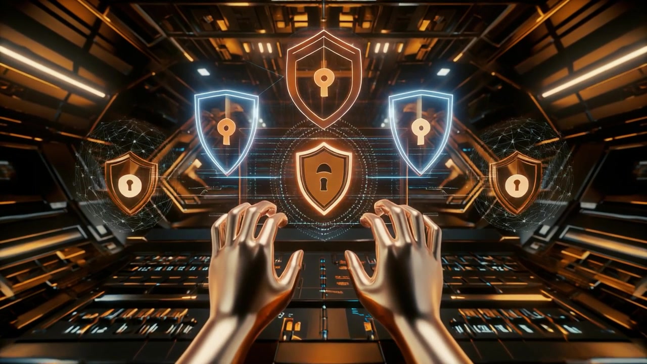 Futuristic Cyber Security Interface with Glowing Shield Icons