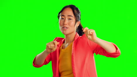 Face,-woman-and-happy-dance-on-green-screen