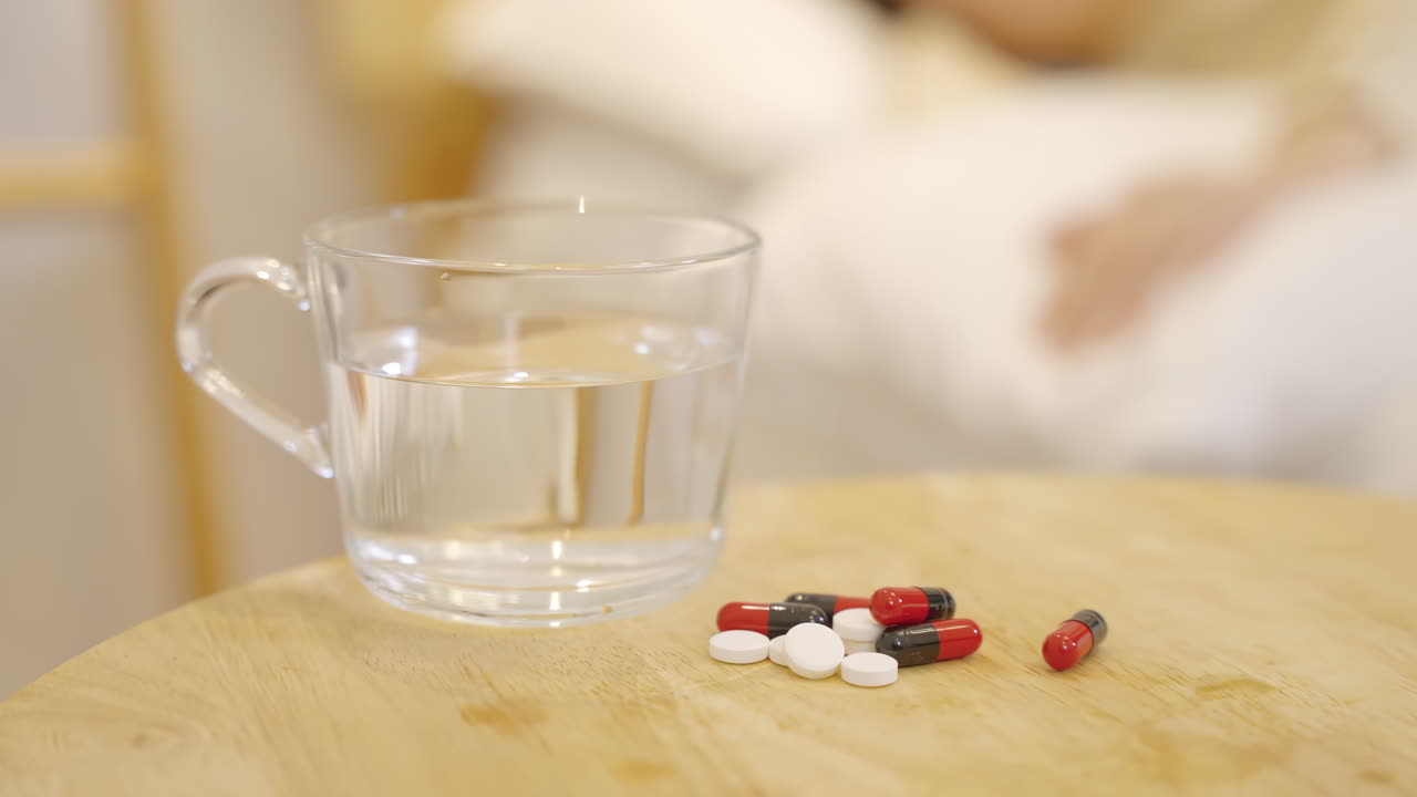 Tidur nyenyak dan mengatasi insomnia: Seorang wanita muda tidur dengan damai dengan pil-pil vitamin, obat-obatan, dan suplemen yang tersebar di sekitar botol obat di atas nakas, melambangkan istirahat dan solusi.