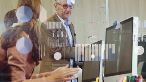 Animation-of-data-over-happy-caucasian-diverse-male-and-female-colleagues-clapping-hands-in-office