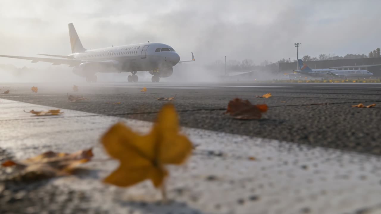 Jet che si avvicina attraverso la nebbia per l'atterraggio, carrello che scende, ruote che spruzzano, soffiando via le foglie dalla pista