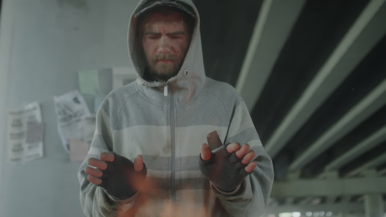 Homeless man warming hands by a fire barrel under a bridge