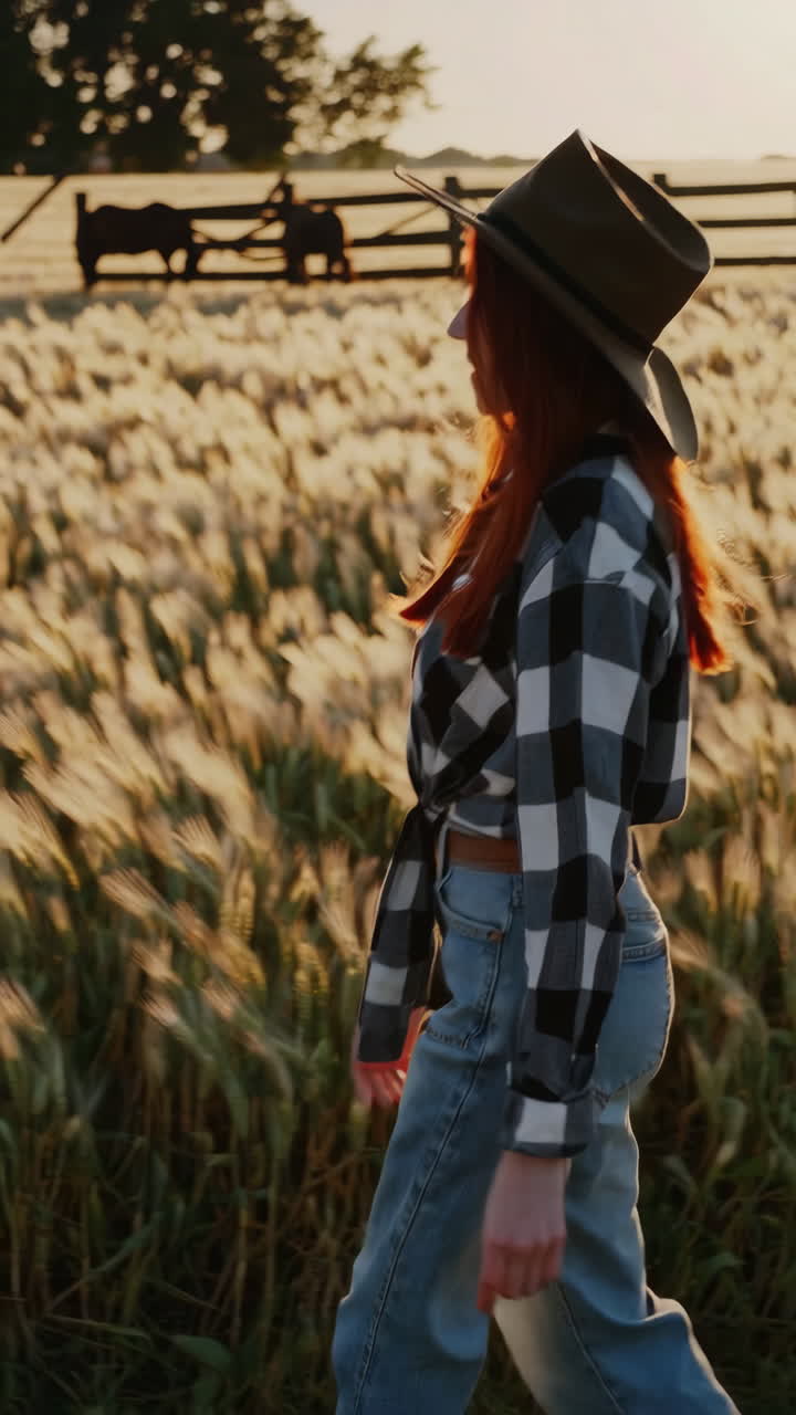 mujer caminando en un campo de trigo al atardecer