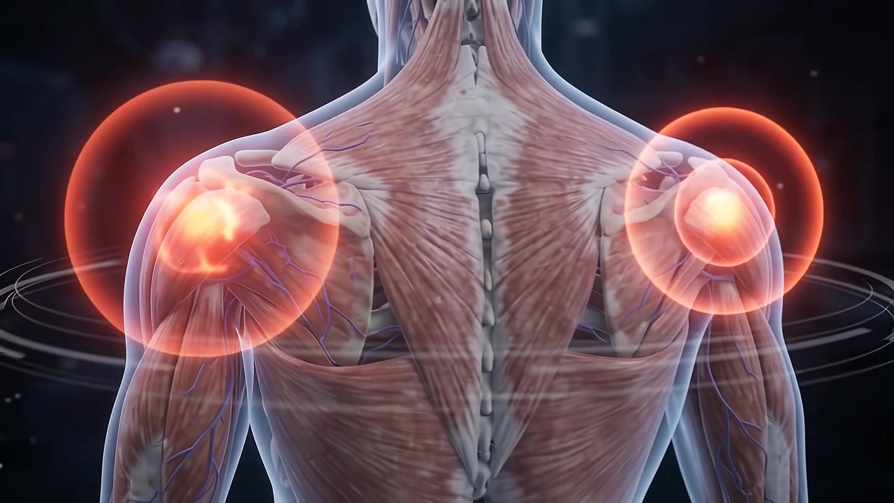 Animazione medica 3D del dolore alla spalla e alla schiena umana