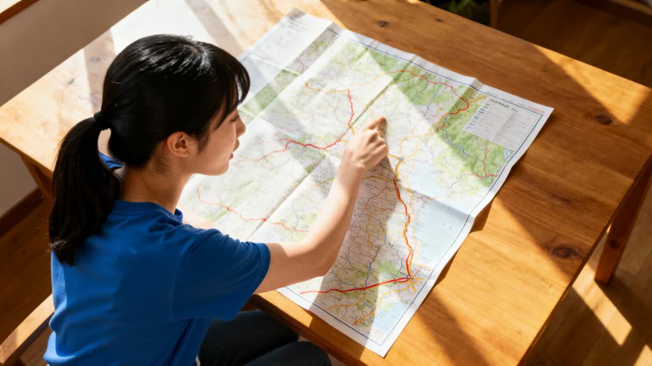Pointing teen tracing routes at wooden table after unfolding map to plan trip, in blue T-shirt