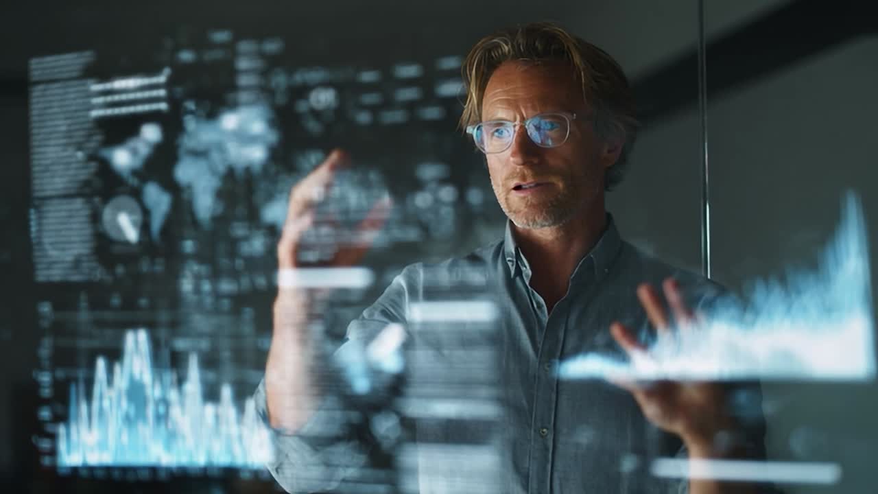 Business professional analyzing data in a high-tech environment