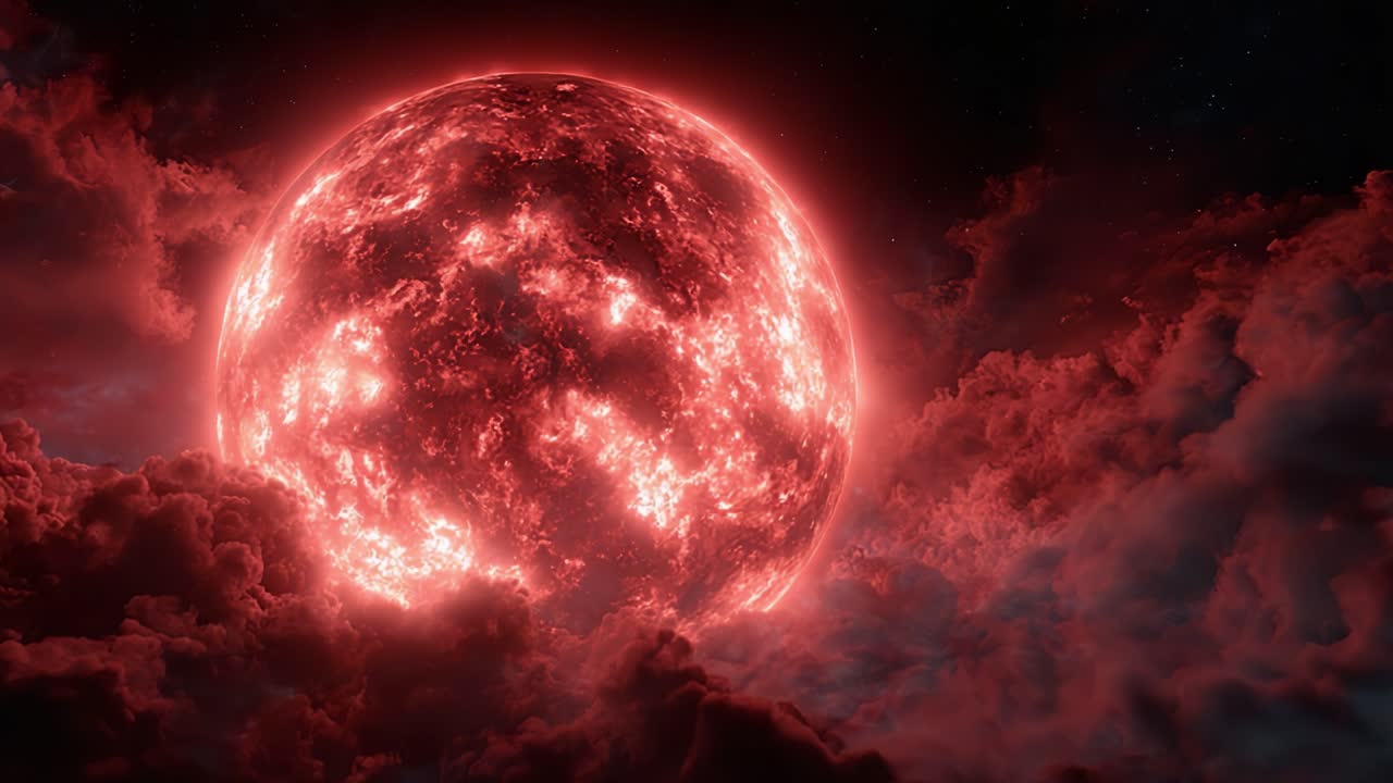 Eine dramatische und feurige Himmelszene mit einem hellroten Stern, umgeben von mystischen Wolken, der den Nachthimmel mit seinem glühenden Schein und himmlischer Schönheit erhellt