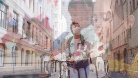 Woman-wearing-face-mask-with-bicycle-walking-against-girl-blowing-candles-on-cake