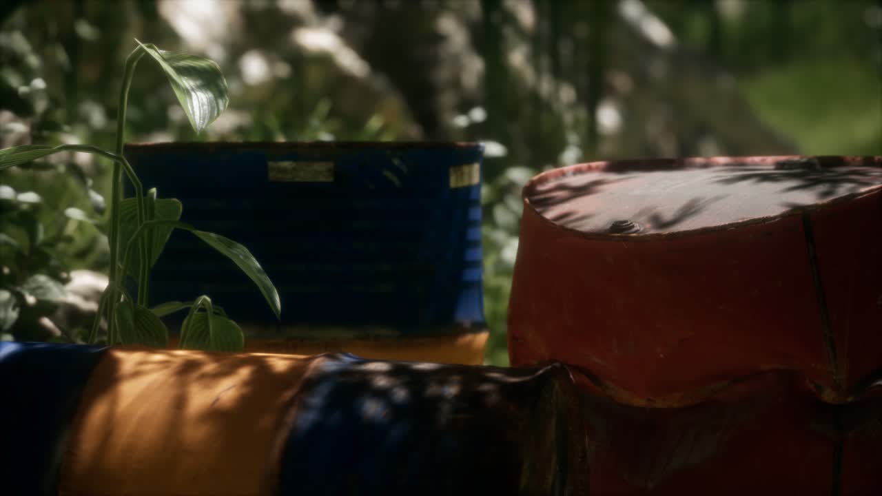 barriles oxidados en el bosque verde