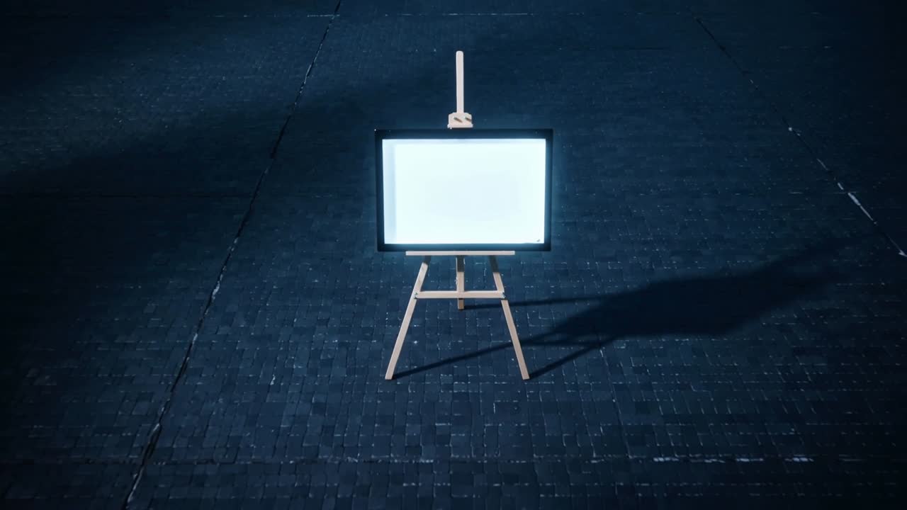 La telecamera si allontana rivelando un cavalletto con un pannello bianco illuminato su un pavimento di pietra, mostrando spazio e ombra.