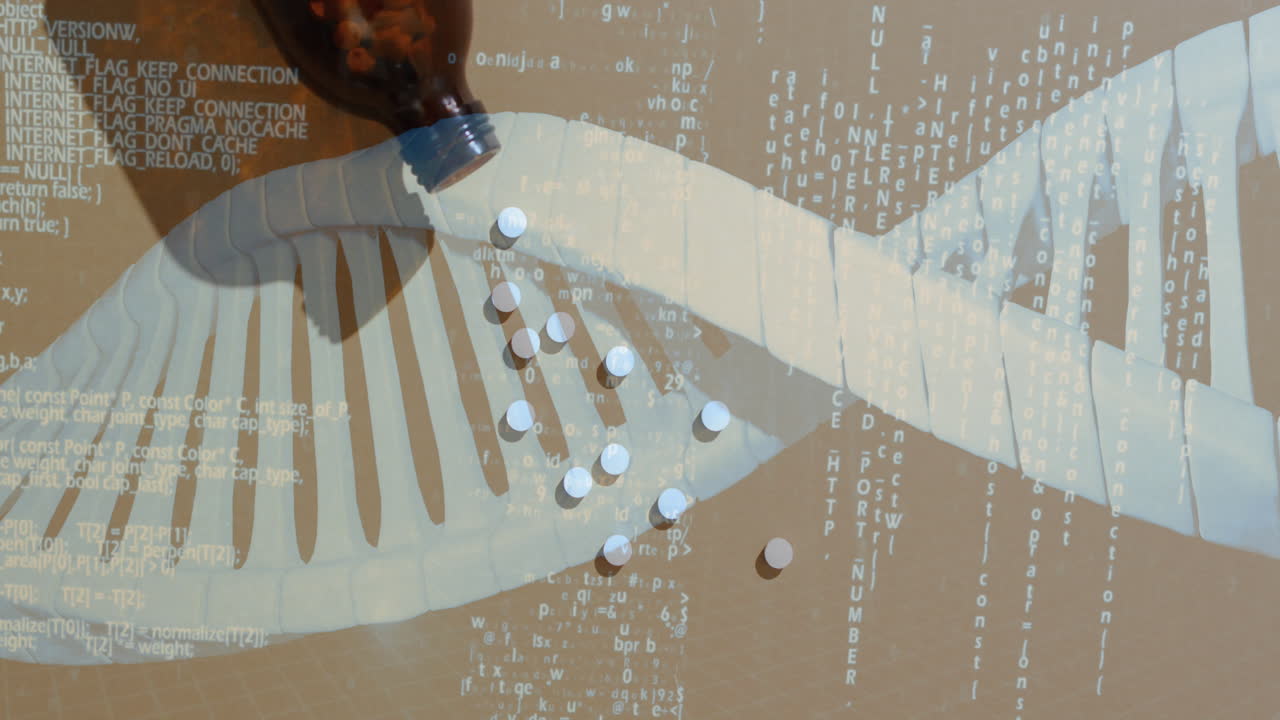 animación de la cadena de adn y procesamiento de datos sobre píldoras