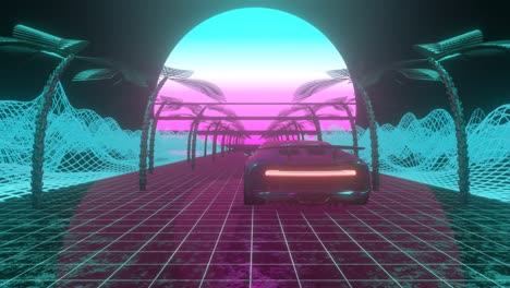 un paisaje retro-futurista con un coche moviéndose hacia adelante.