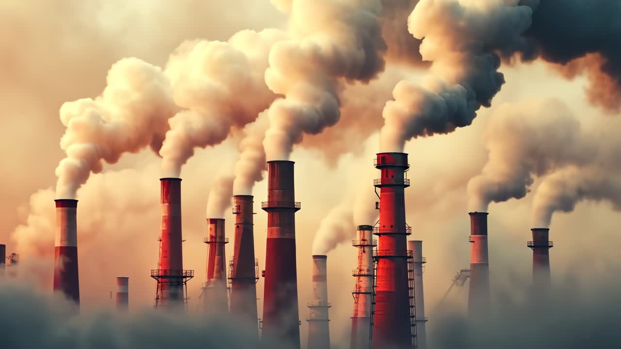Aerial view of industrial chimneys emitting smoke, creating a dramatic, atmospheric scene