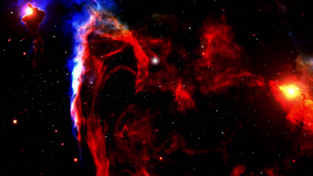 붉은 성운 구름은 별의 밝은 광선으로 우주에서 움직입니다.