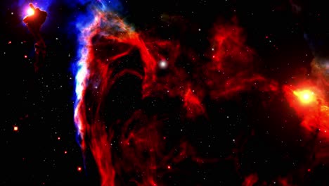 las nubes de nebulosas rojas se mueven en el universo con brillantes rayos de estrellas