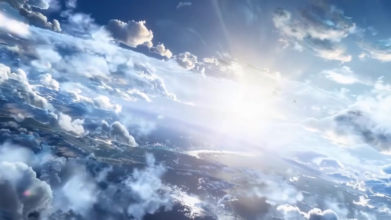 Volando attraverso le nuvole verso un cielo luminoso e soleggiato sopra la Terra
