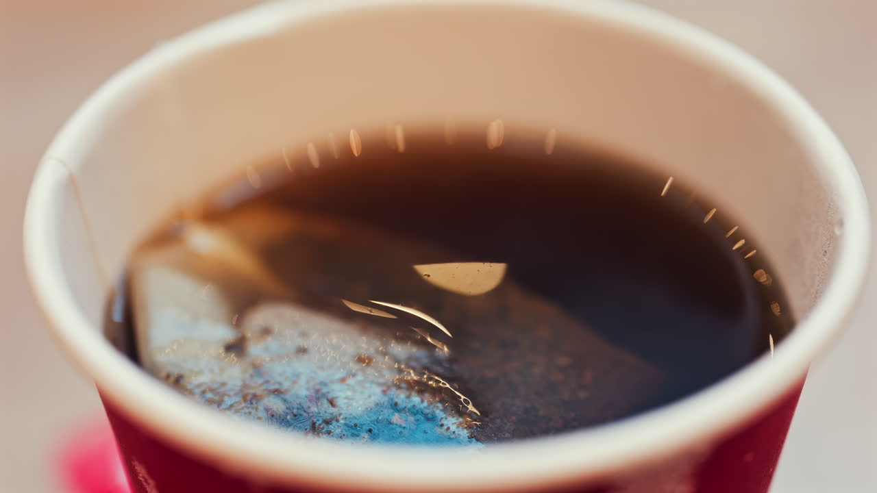 Close up of a tea bag brewing into a red cup with Merry Christmas writing on it