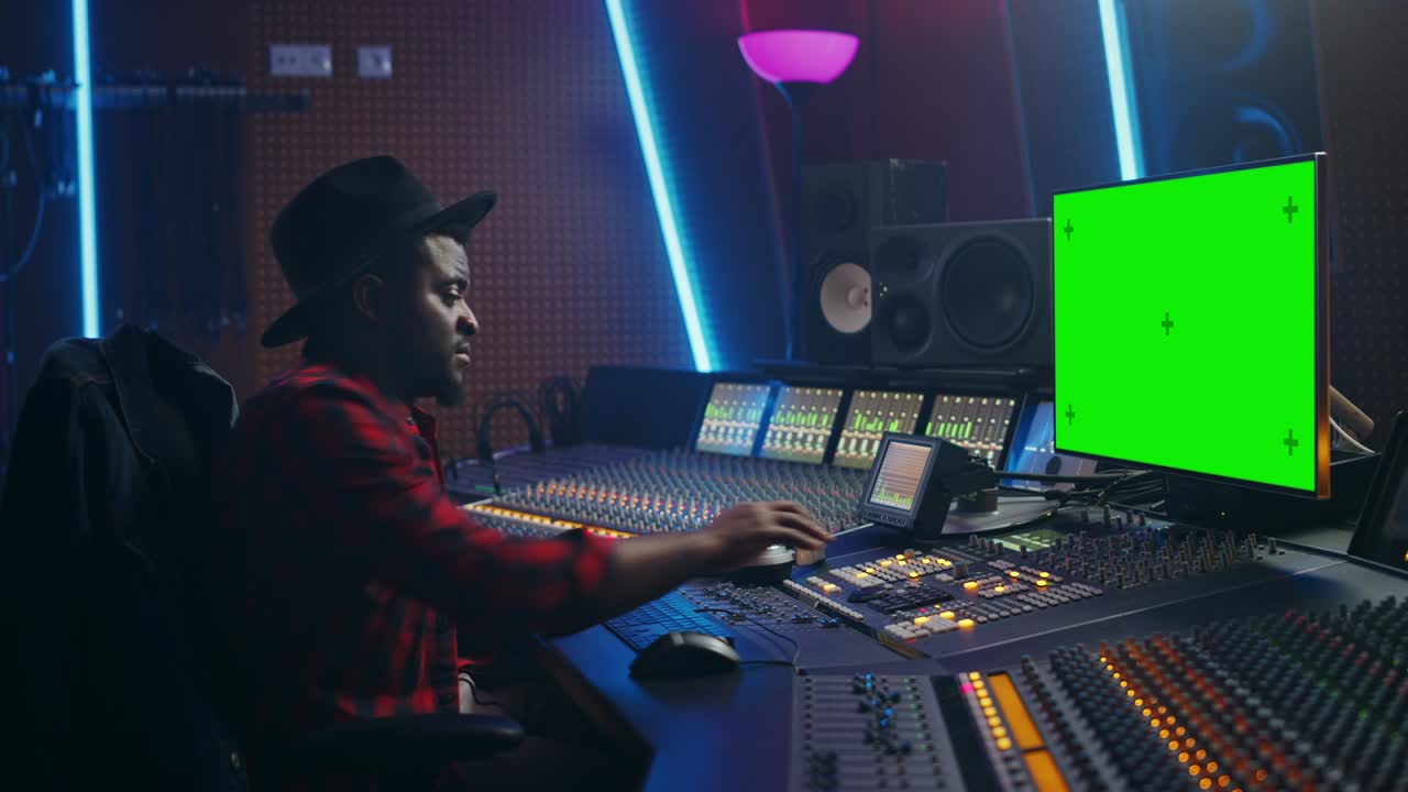 Elegante produttore musicale che lavora in uno studio di registrazione, utilizza un PC con schermo verde, mixer, equalizzatore e banco di controllo per creare un nuovo successo musicale. Artista musicale nero creativo. Ritratto di profilo