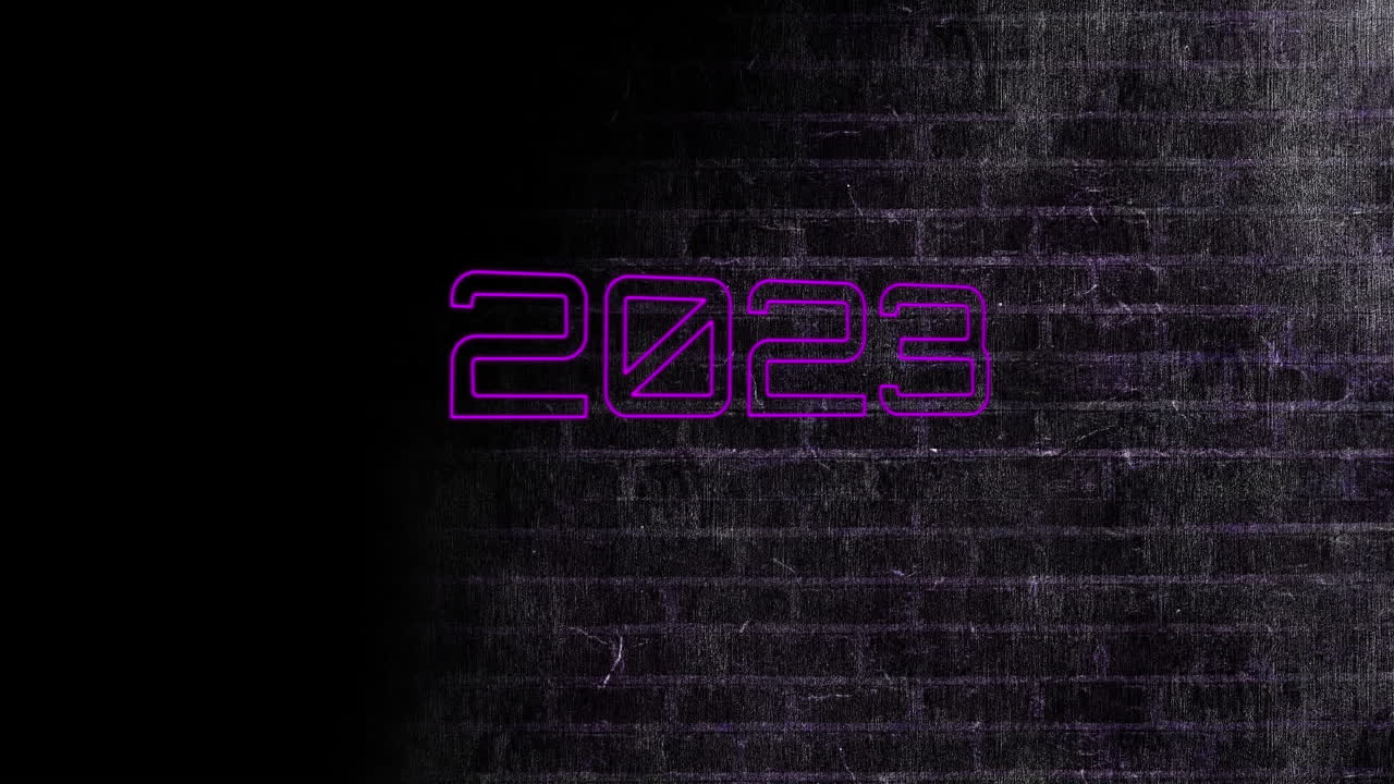Animazione di testo neon 2023 su parete di mattoni neri