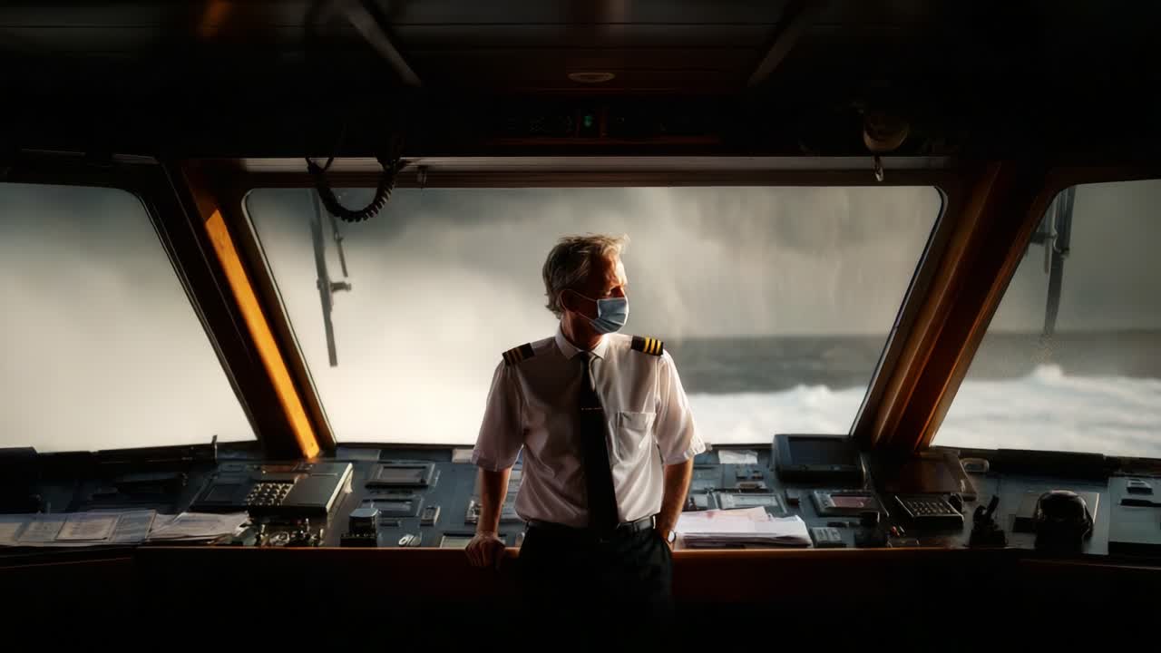 A focused maritime pilot stands confidently in the ship's bridge, wearing a mask, navigating through choppy waters, demonstrating leadership and professionalism during challenging conditions