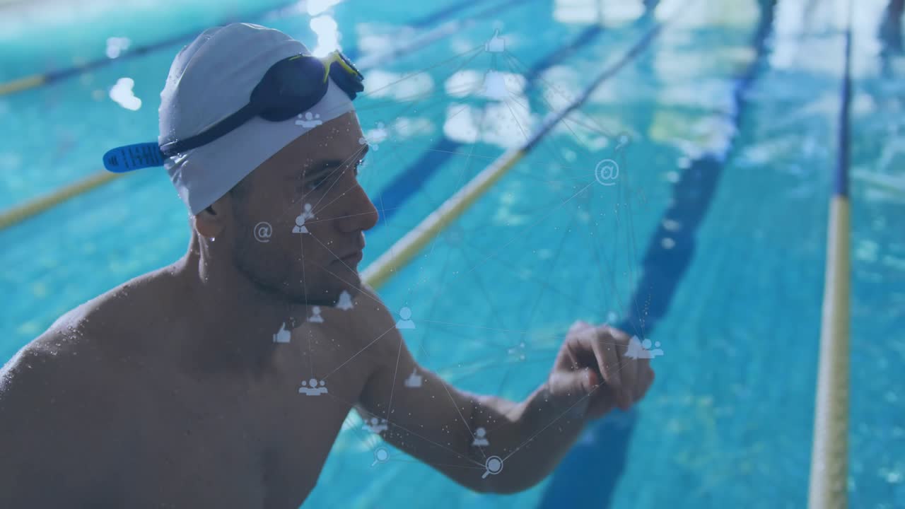 Männlicher Schwimmer blickt aufs Wasser, hebt die Arme und passt seine Schwimmbrille an, während Technologiesymbole für den Schwimmstart aufscheinen.