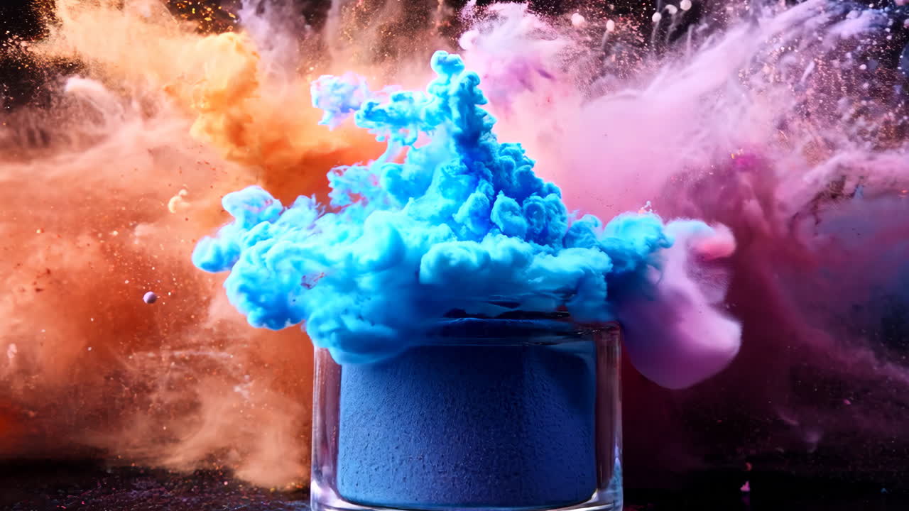 A jar of colorful powder is sitting on a table with a cloud of powder surrounding it. The jar is blue and the powder is pink, orange, and purple. Concept of creativity and playfulness