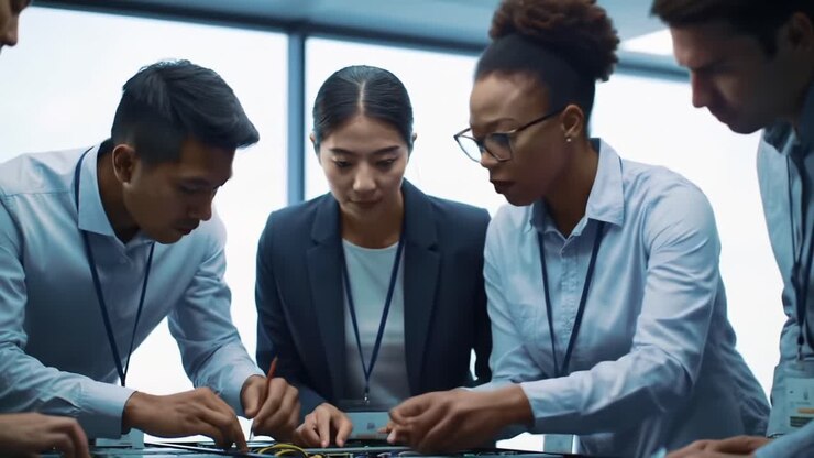 A Collaborative Team Engaged in Technical Discussion and Problem Solving Around a Table, Focusing on a Complex Project in a Modern Workspace Setting