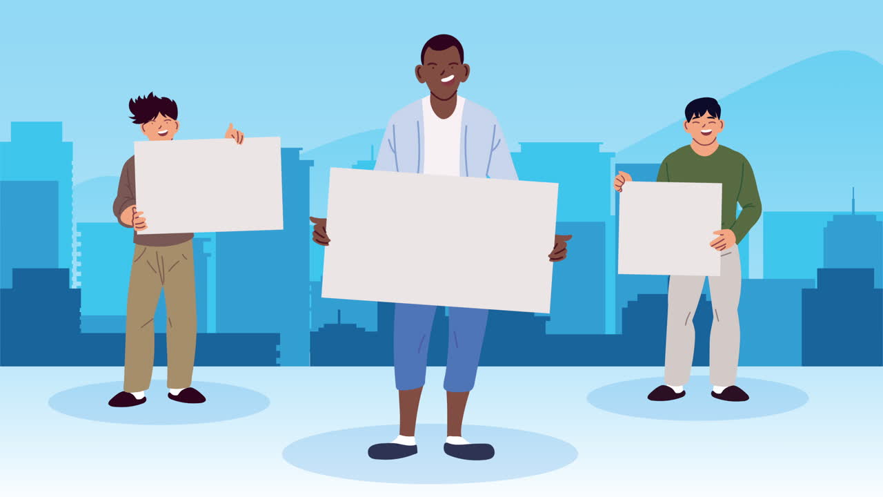 tres hombres con carteles en blanco en una ciudad