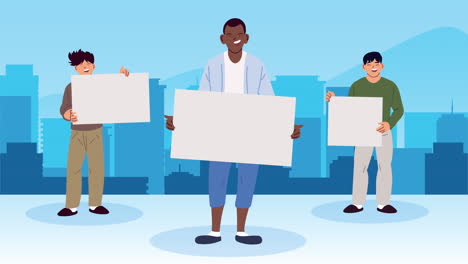 three men holding blank signs in a city