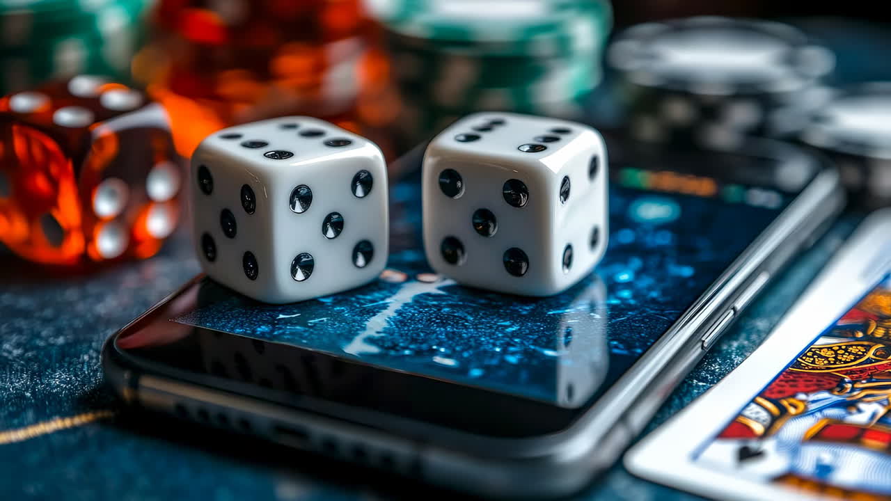 Dice and chips on phone. A close-up view shows a white die resting on a smartphone, surrounded by colorful casino chips and a playing card