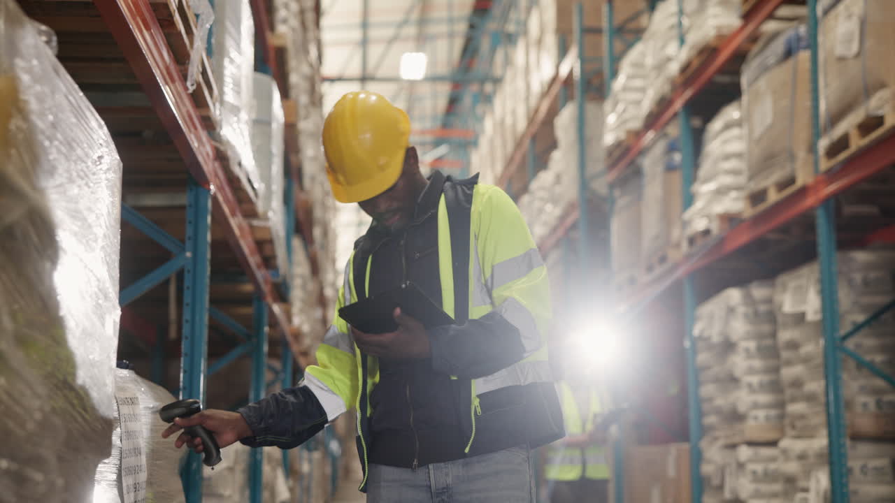 Operai di magazzino che controllano l'inventario con tablet