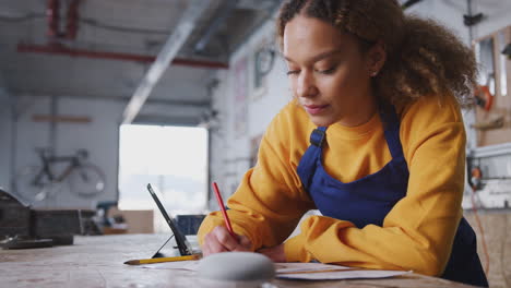 Female-Business-Owner-In-Workshop-Working-On-Drawing-And-Asking-Smart-Speaker-Question