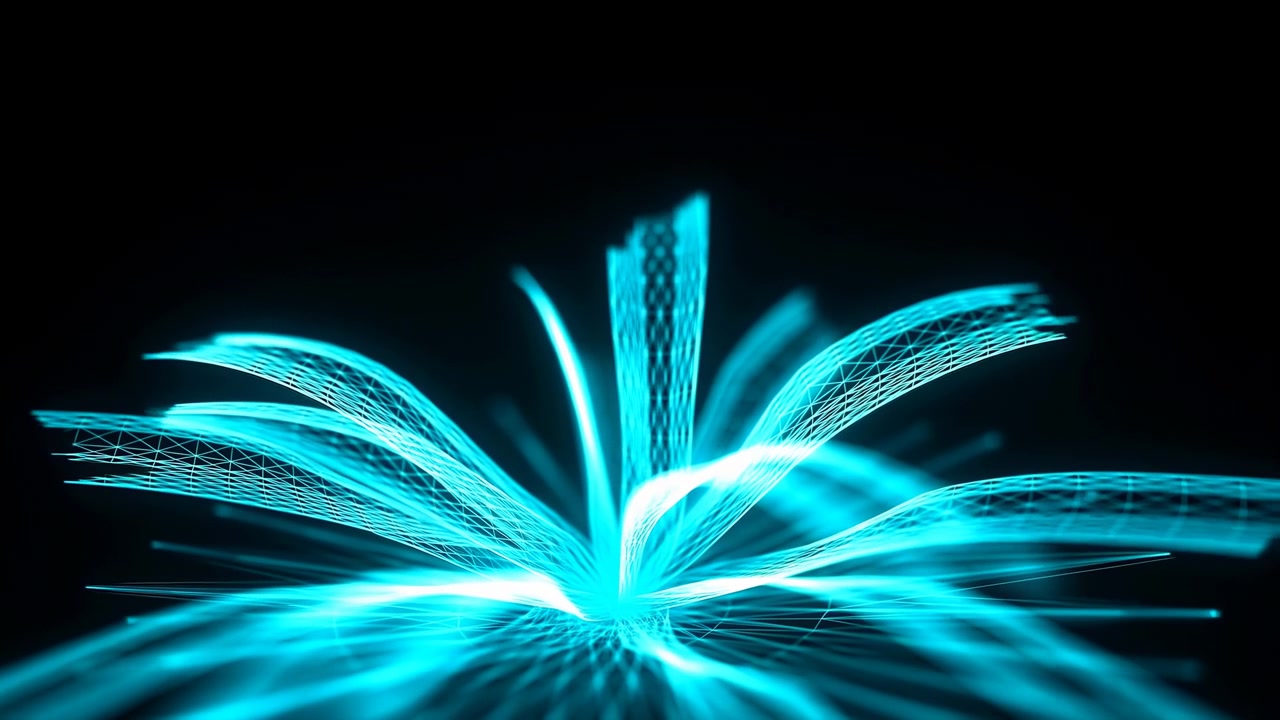 Midterbilledet viser et lyst cyan fiberoptisk udbrud, der kommer frem fra et centralt punkt i mørke omgivelser