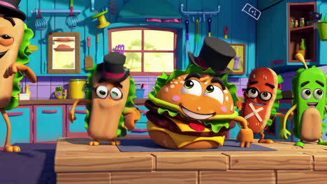 animated food friends in a kitchen