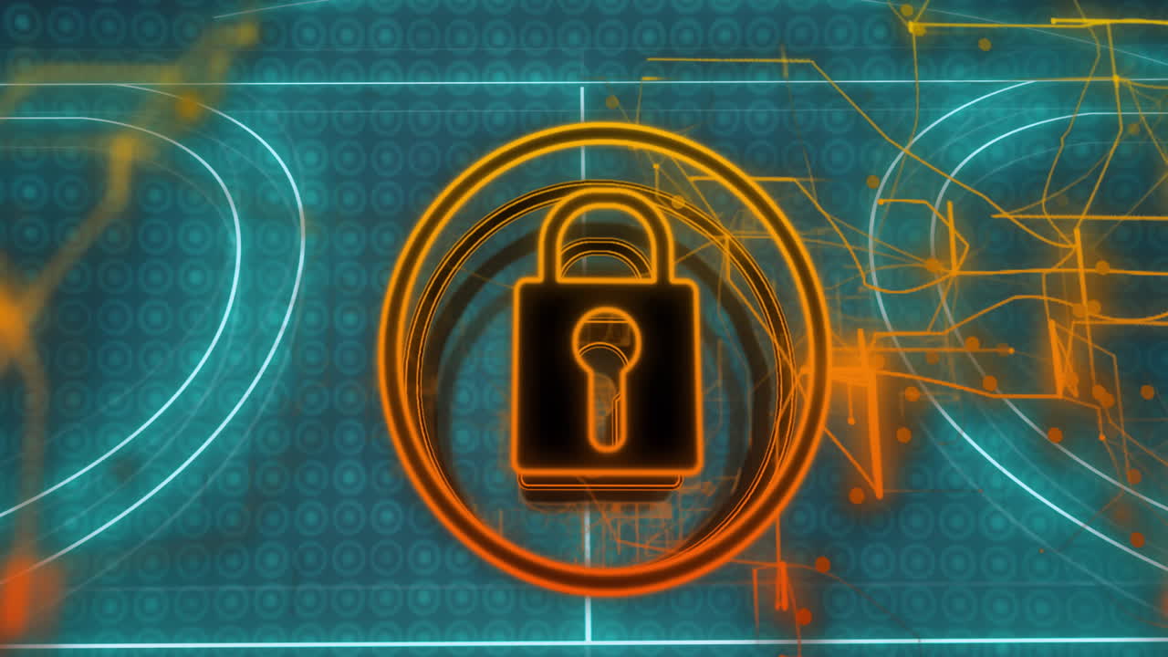 Orange glowing padlock icon pulsing at center, showing teal circles blue arcs circuit pathways