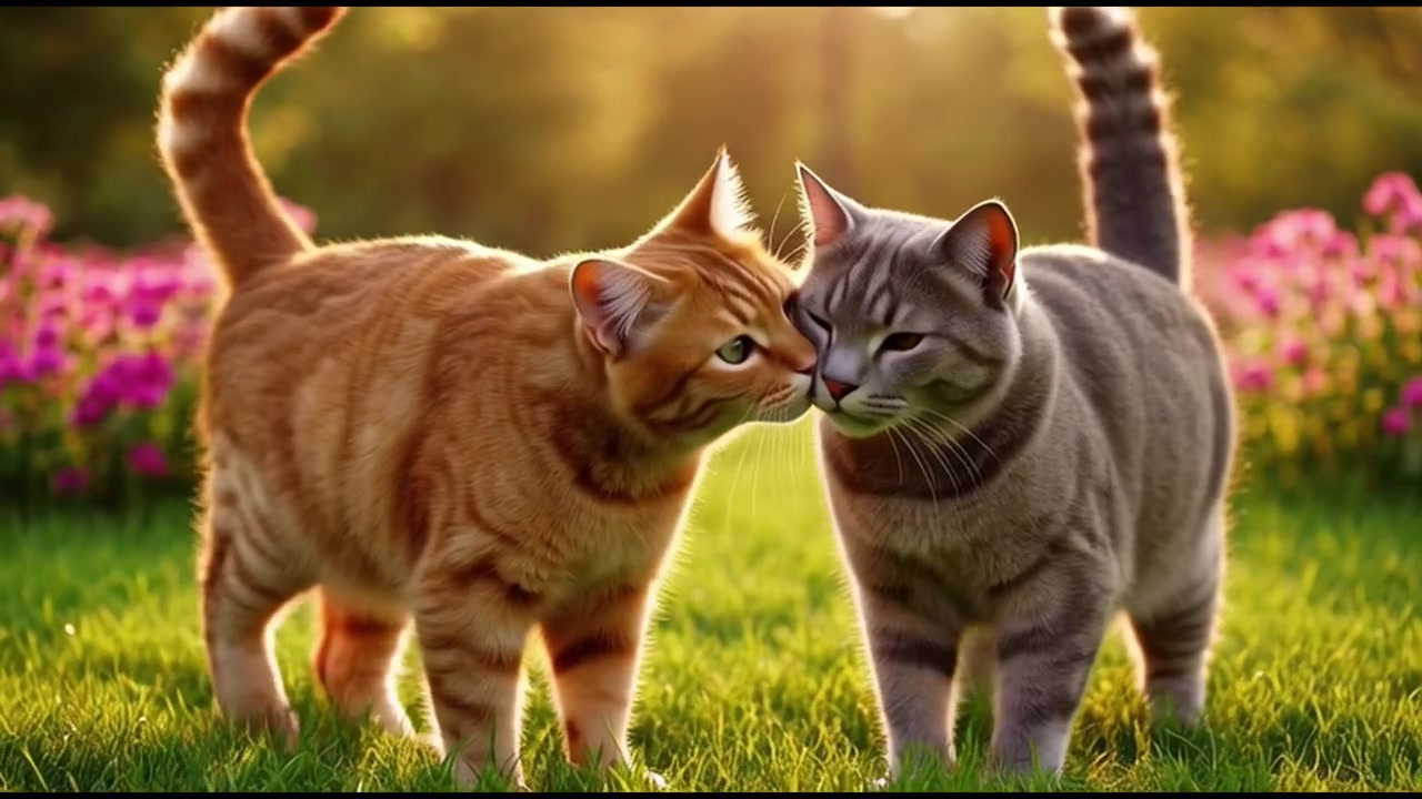 Due gatti che si coccolano in un giardino soleggiato