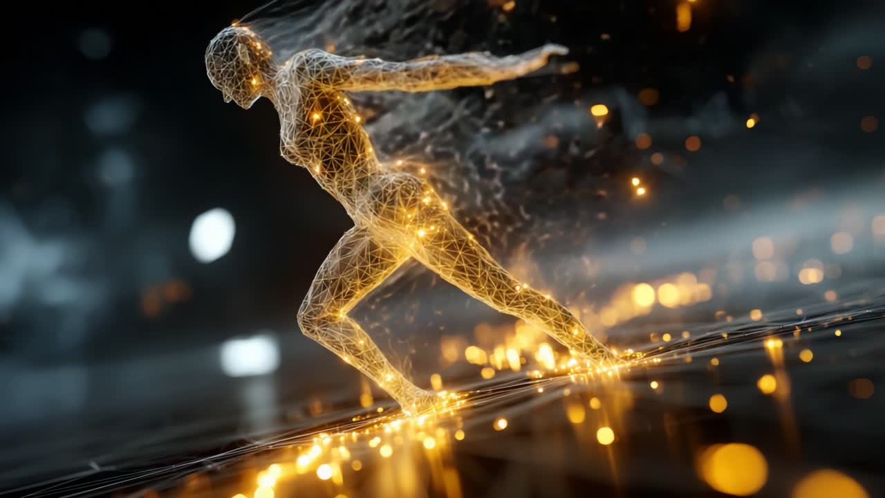 A stunning visualization showcases a digital figure in motion, merging art and technology, capturing the essence of movement with glowing particles and ethereal light effects