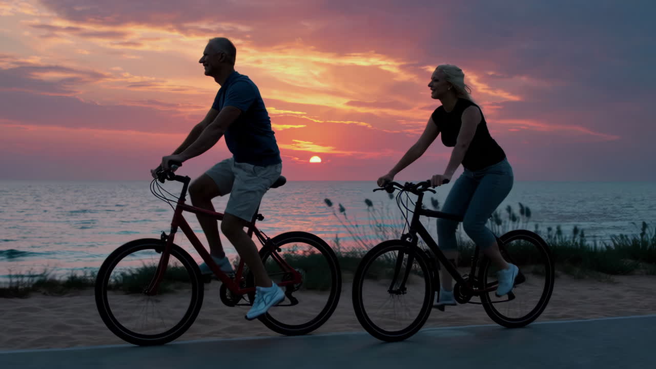 Couple Cycling Along the Beach at Sunset