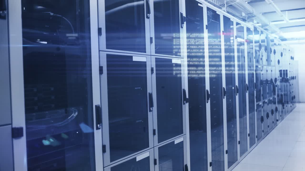 Computer servers in a server room with glowing lights