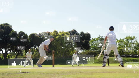 animación de iconos de las redes sociales con números crecientes sobre diversos jugadores de cricket masculinos