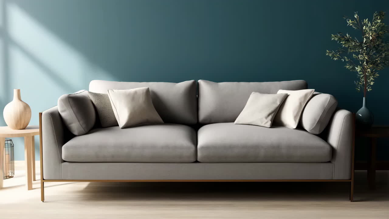 Modern Grey Sofa in a Living Room with a Teal Wall