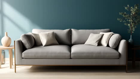 modern grey sofa in a living room with a teal wall