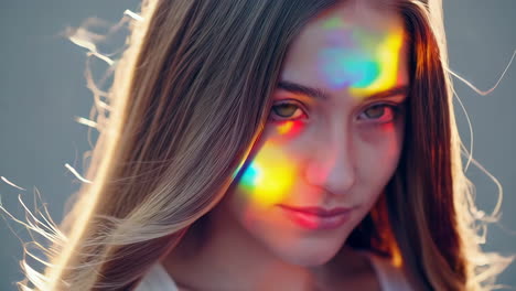woman with rainbow light on face