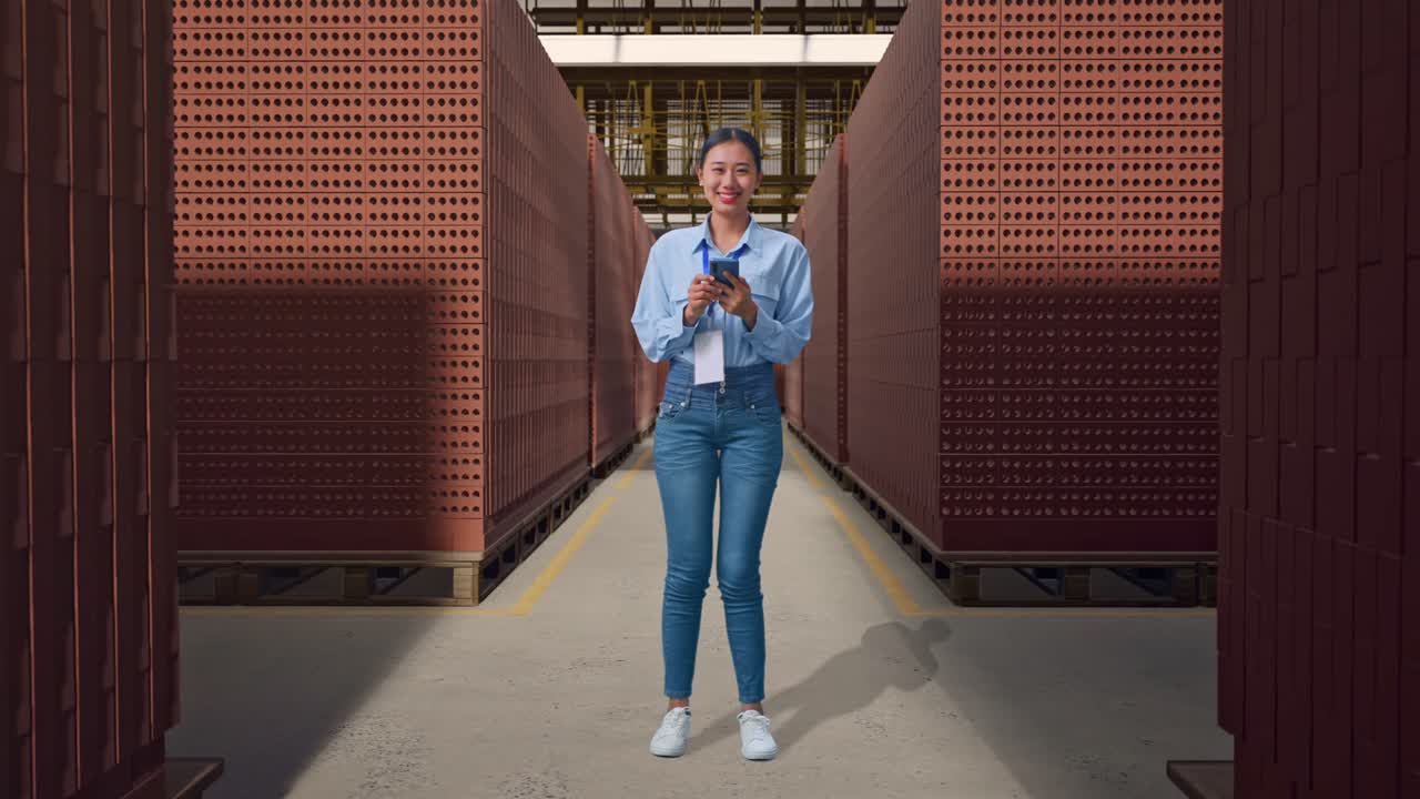 Full Body Side View Of Asian Female With Her Laptop With Red Brick Packed in Stacks Are Stored, Typing On Her Laptop'S Keybaord With Meditation
