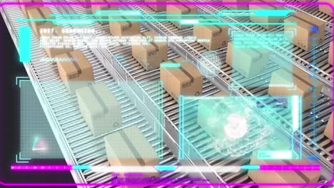 Animation-of-data-processing-over-cardboard-boxes-on-conveyor-belts