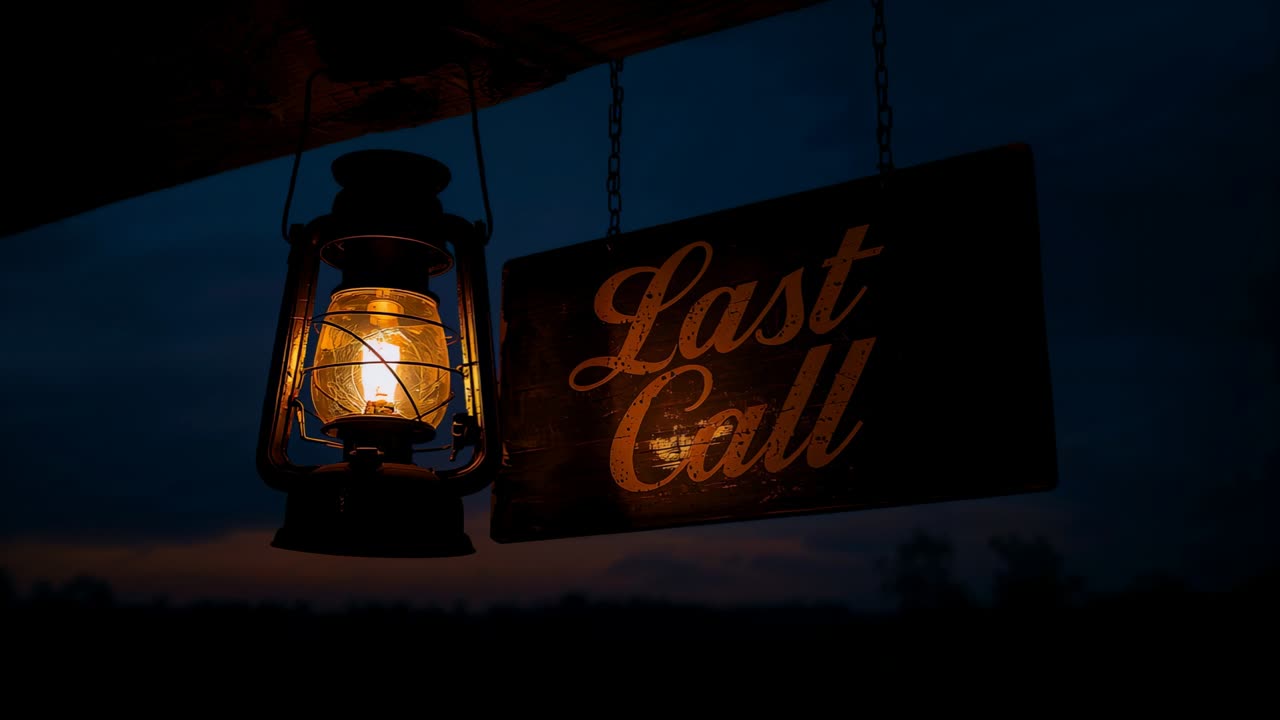 Flickering lantern and swinging Last Call sign hanging under porch beam at dusk, moving by breeze